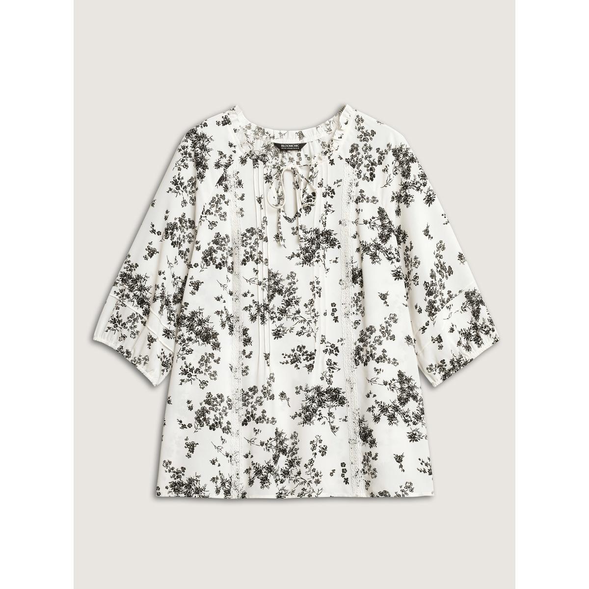 Plus Size Originalwhite Floral Print Plicated Detail Blouse Women Romantic Elbow-length sleeve Notched collar Elegant Blouses BloomChic 26/4X Product Image