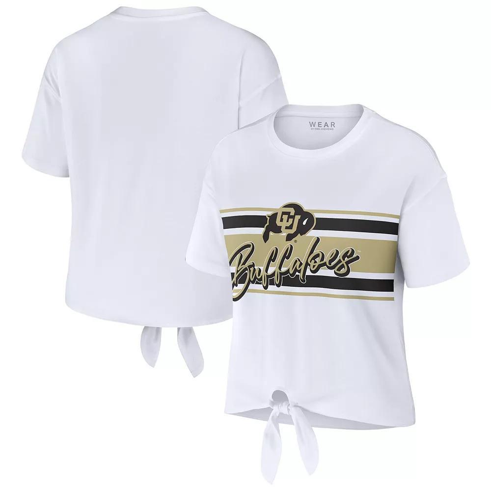 Women's WEAR by Erin Andrews White Colorado Buffaloes Striped Front Knot Cropped T-Shirt,  Product Image