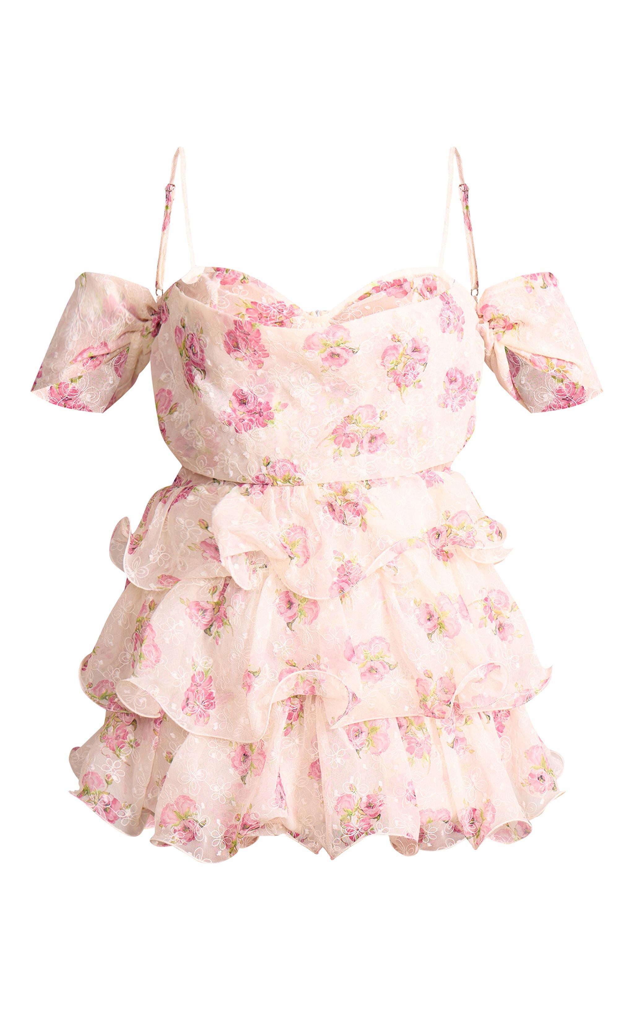 Pink Floral Print Dobby Textured Chiffon Frilly Romper Product Image