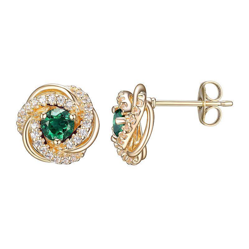 Tokens of Love Sterling Silver Simulated Emerald Birthstone Love Knot Stud Earrings, Womens, 18k Gold Plated Product Image