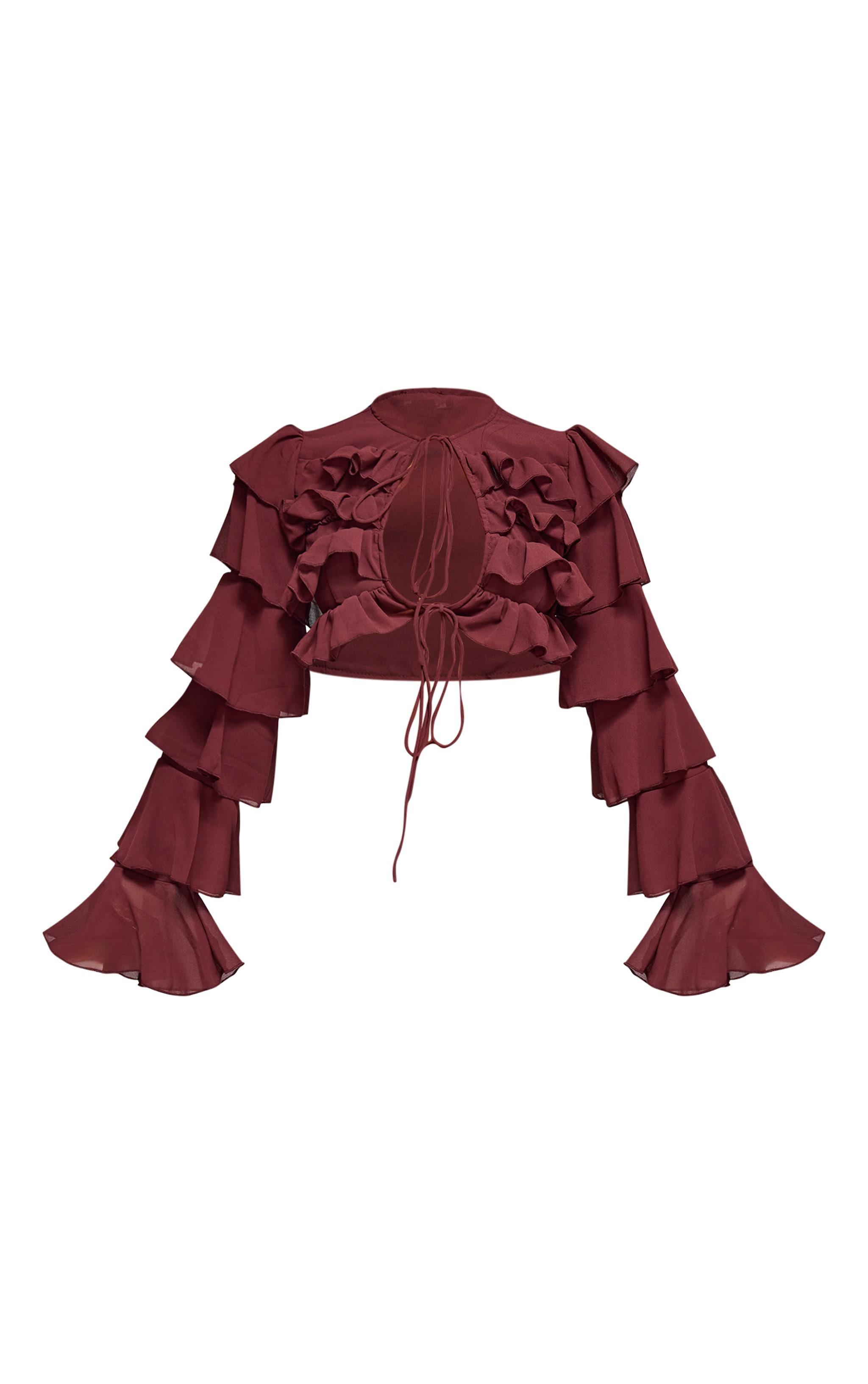 Dark Brown Chiffon Ruffle Tie Detail Crop Top Product Image