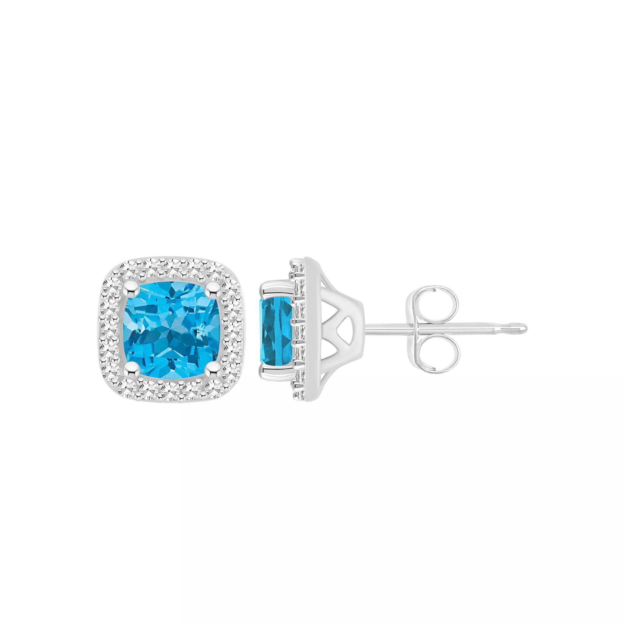 Celebration Gems Sterling Silver 5 mm Cushion Gemstone & 1/5 Carat T.W. Diamond Halo Stud Earrings, Women's, Blue Topaz Product Image