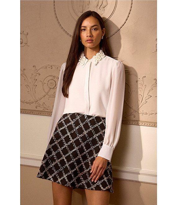 CeCe Georgette Floral 3D Applique Pointed Collar Long Sleeve Hidden Button Front Blouse Product Image