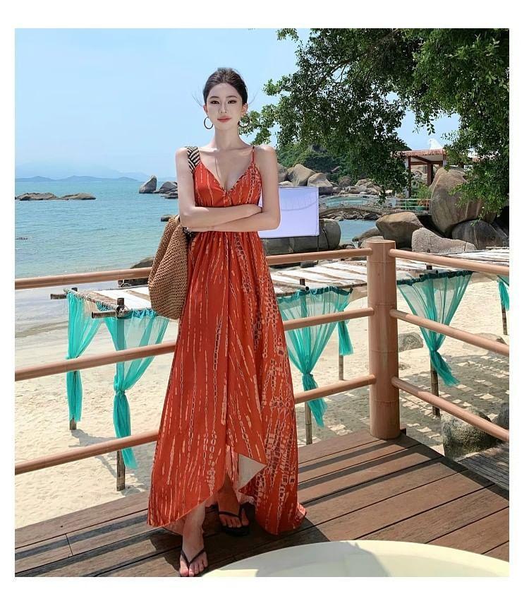 Spaghetti Strap Print Maxi A-Line Dress Product Image