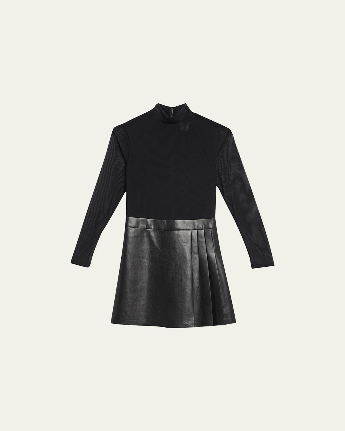 Chara Long-Sleeve Vegan Leather Pleated Mini Dress Product Image