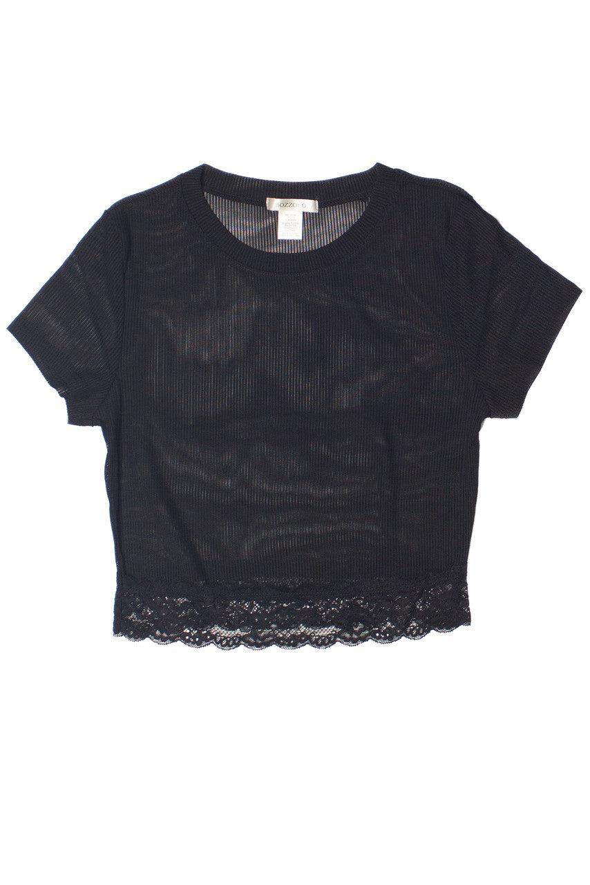 Lace Trim Ribbed Mesh Crop Tee Product Image