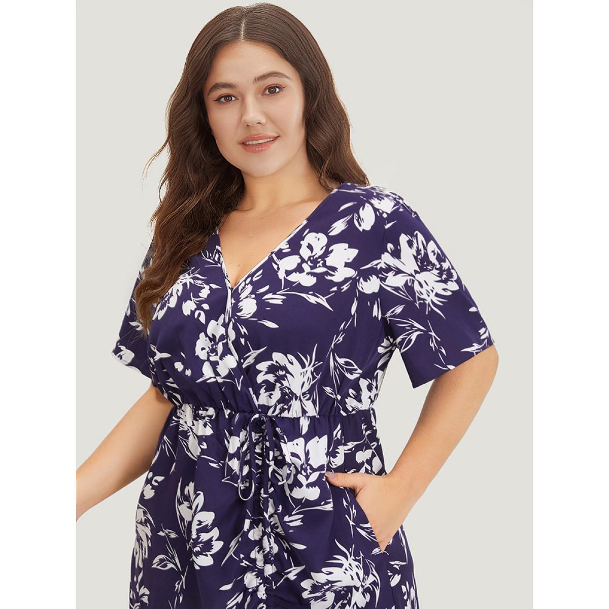 Plus Size Silhouette Floral Print Wrap Drawstring Split Hem Dress DarkBlue Women Elegant Elastic Waist V-neck Short sleeve Curvy Midi Dress BloomChic 10/M Product Image