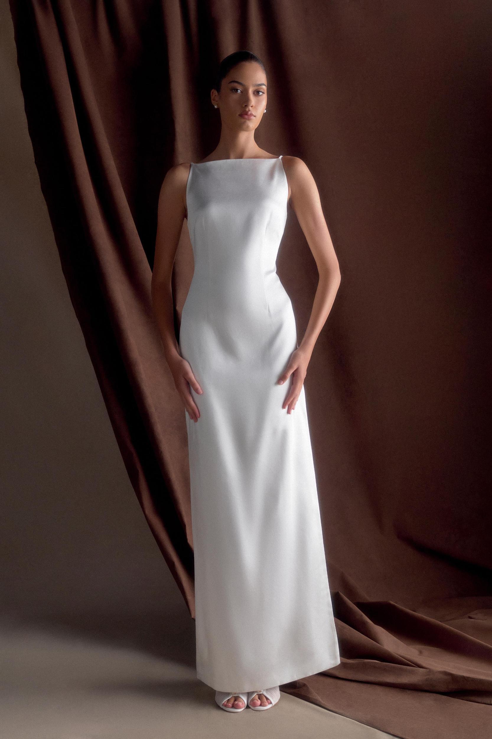 Violet Sleeveless Satin Maxi Dress - White Product Image