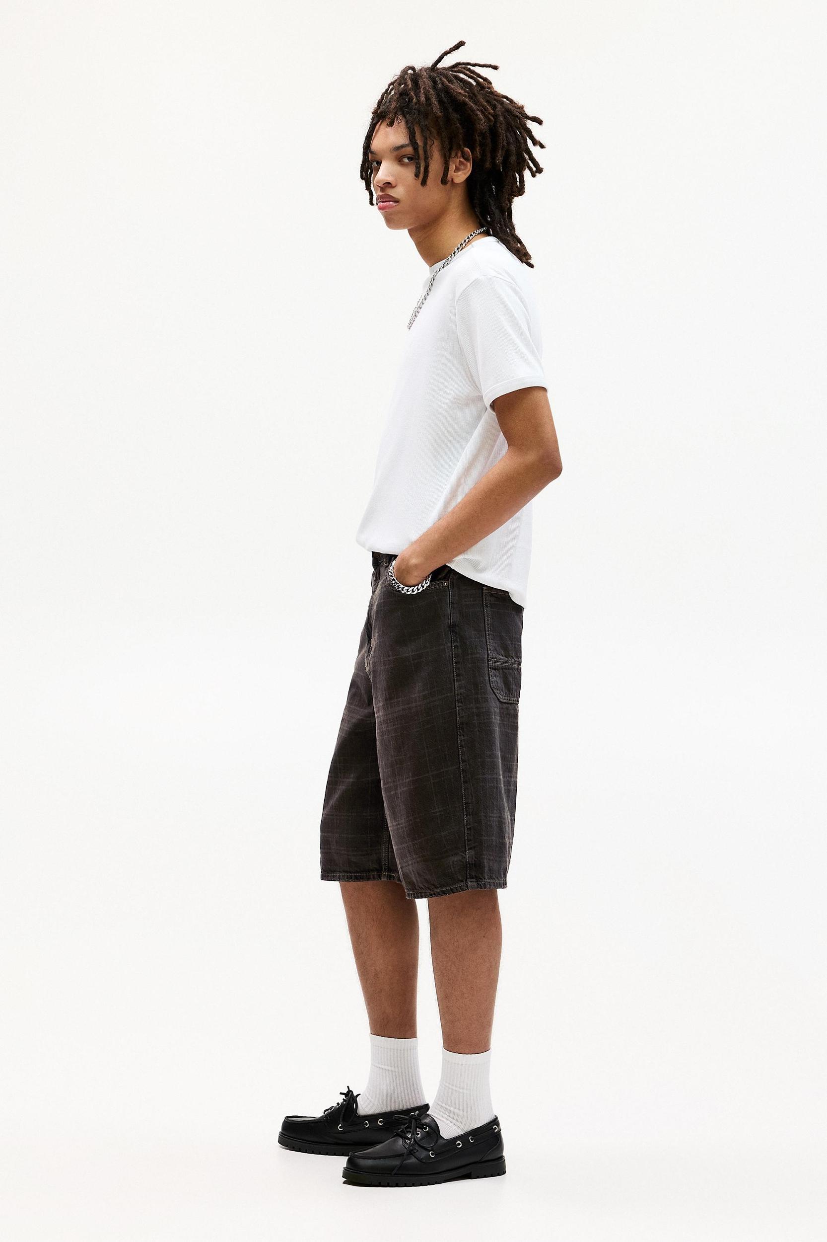 Checked skater denim Bermuda shorts Product Image