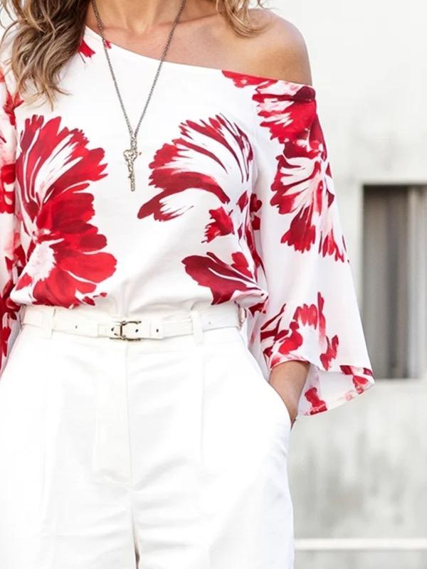 Long Sleeves Loose Contrast Color Flower Print One-Shoulder Blouses&Shirts Tops Product Image