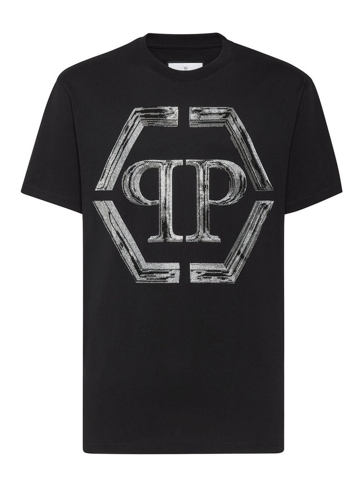 PHILIPP PLEIN T-shirt Round Neck Ss Strass Hexagon In Black   Product Image