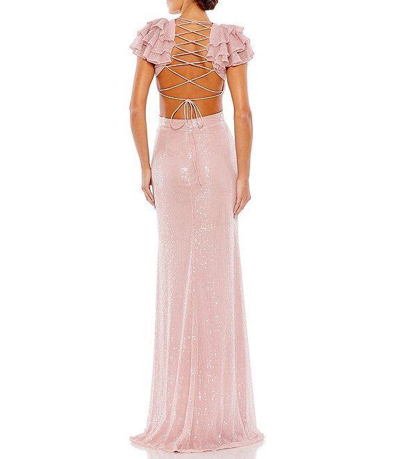 Mac Duggal V-Neck Ruffle Cap Sleeve Cut-Out Open Strappy Corset Back Gown Product Image