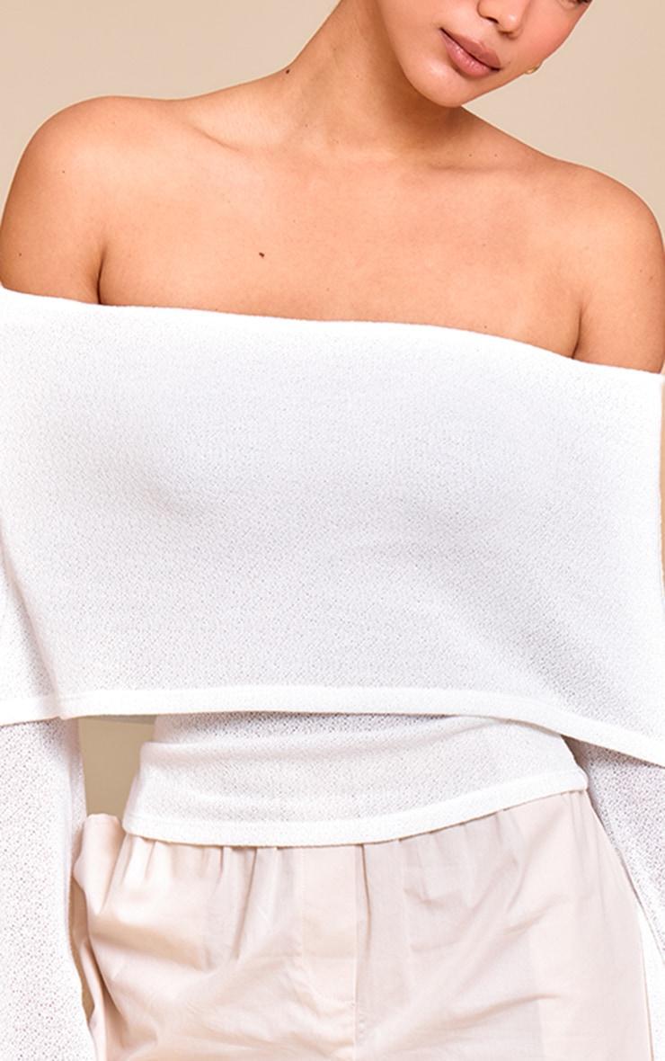 White Textured Fold Over Bardot Extreme Flute Sleeve Long Top Product Image