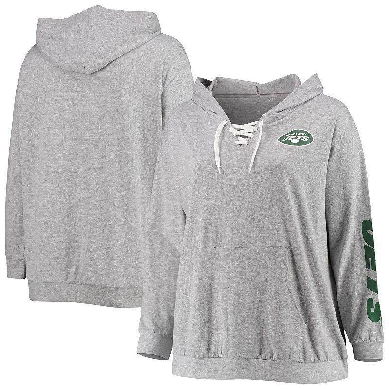 Womens Plus Size Heathered Gray New York Jets Lace-Up Pullover Hoodie Product Image