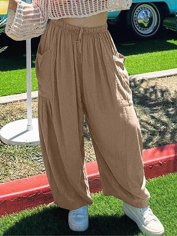 High Waisted Loose Drawstring Elasticity Pleated Pockets Solid Color Ninth Pants Trousers Product Image