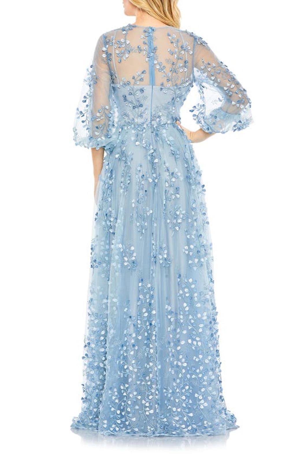 Embroidered Puff Sleeve A-line Gown In Blue Product Image