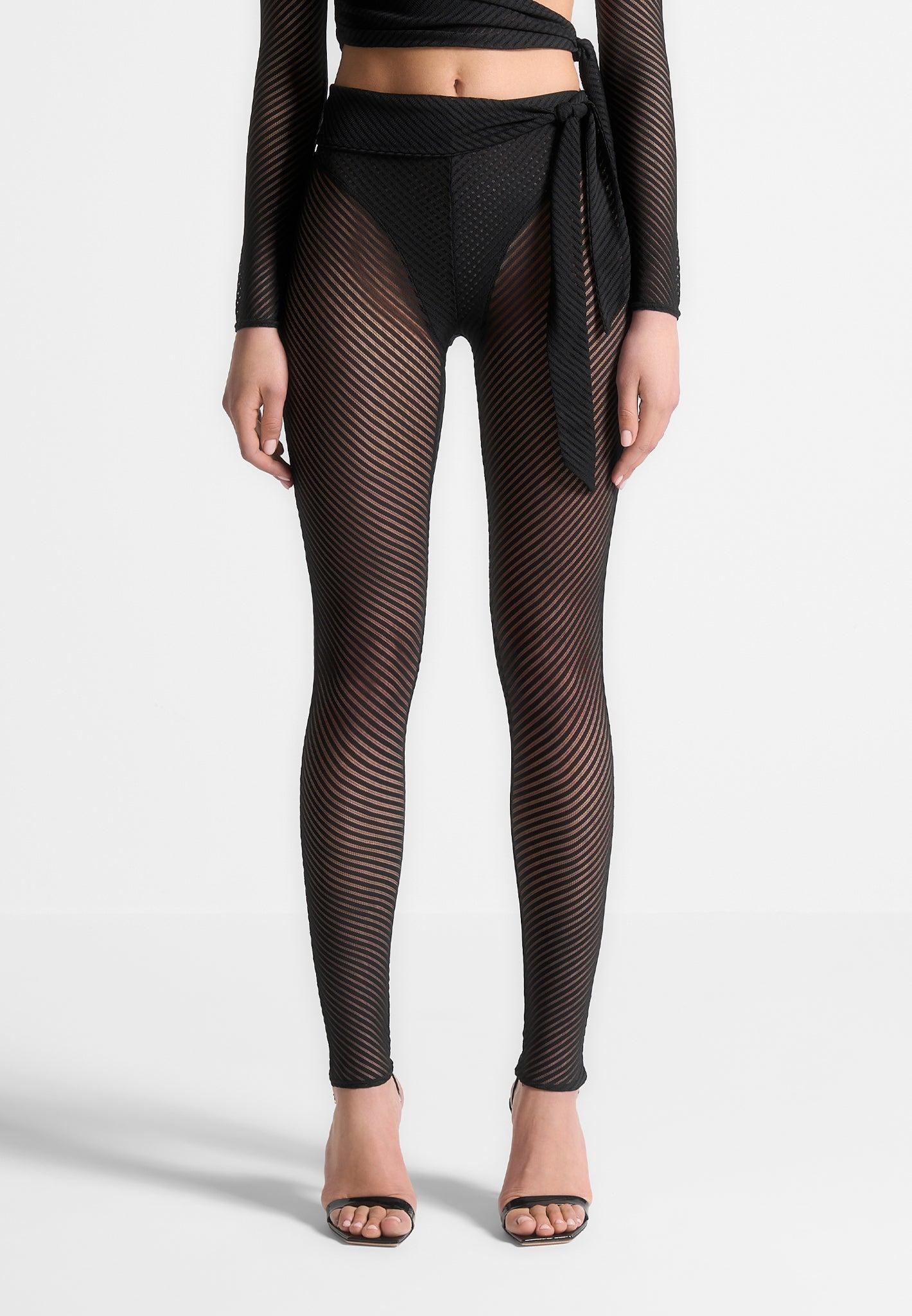 Ribbed Sheer Leggings with Tie - Black Female Product Image