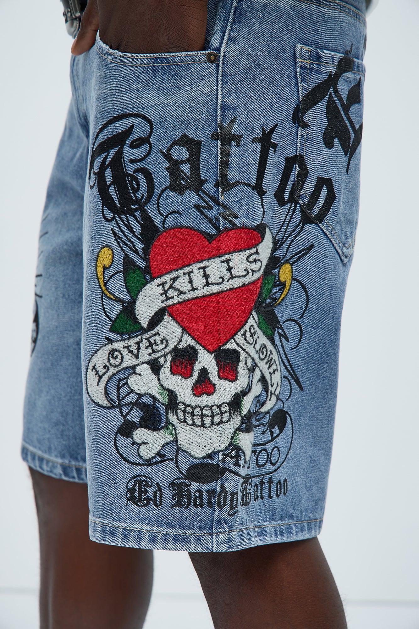 Ed Hardy Skull Skater Denim Shorts - Light Wash Product Image