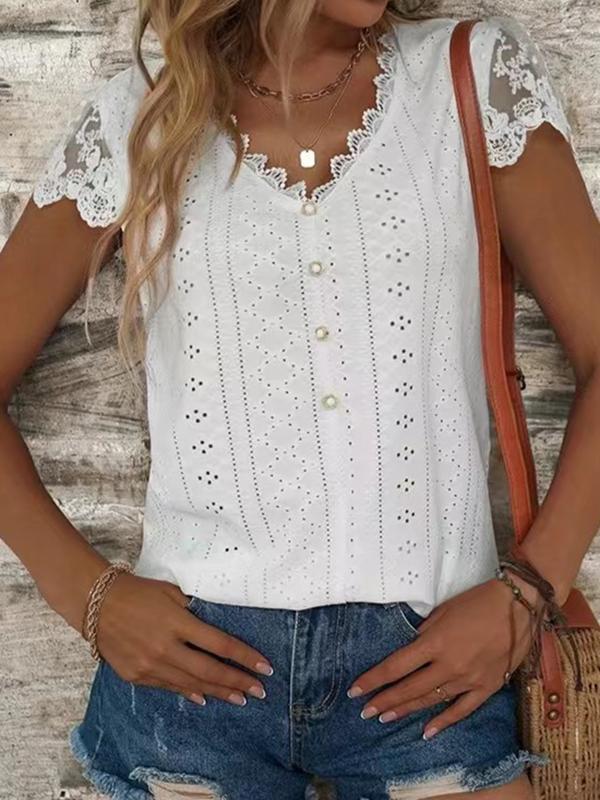 Loose Short Sleeves Buttoned Hollow Mesh Split-Joint V-Neck T-Shirts Tops Product Image