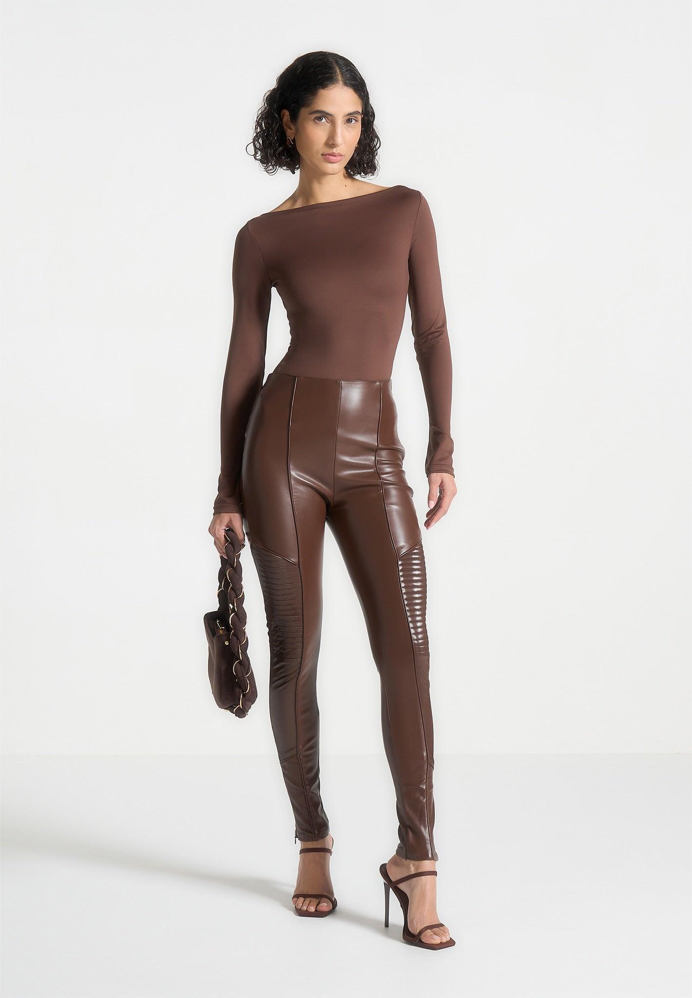 Leather & Patent Ribbed Leggings - Brown Female Product Image