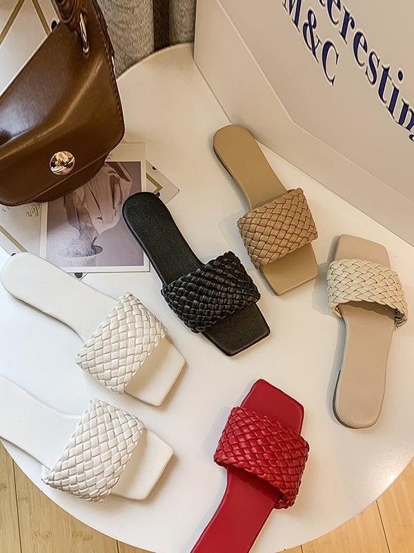 Open Toe Solid Color Split-Joint Square-Toe Slippers Product Image