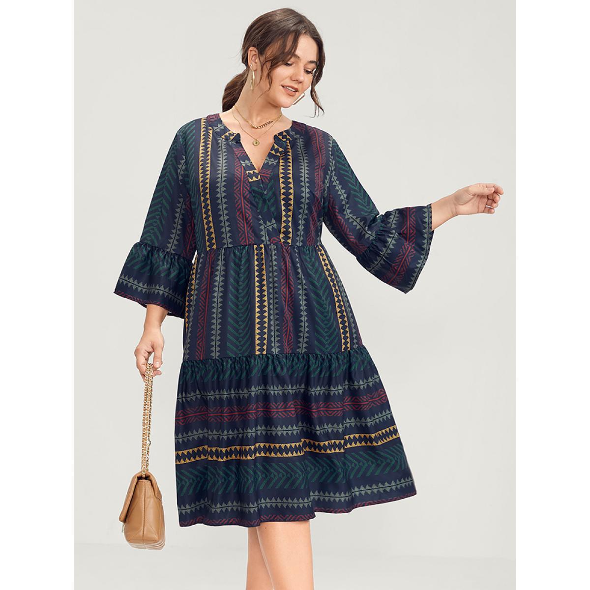 Plus Size Bloom Dress -Geometric Pocket Ruffles V Neck Knee Dress Multicolor Women Vacation Pocket V-neck Elbow-length sleeve Curvy Knee Dress BloomChic 14-16/1X Product Image