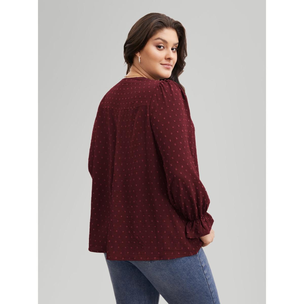 Plus Size Burgundy Textured Lace Trim Patchwork Ruffles Blouse Women Elegant Long Sleeve V-neck Everyday Blouses BloomChic 28/5X Product Image