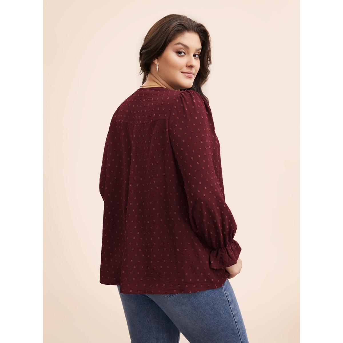 Plus Size Burgundy Textured Lace Trim Patchwork Ruffles Blouse Women Elegant Long Sleeve V-neck Everyday Blouses BloomChic 28/5X Product Image