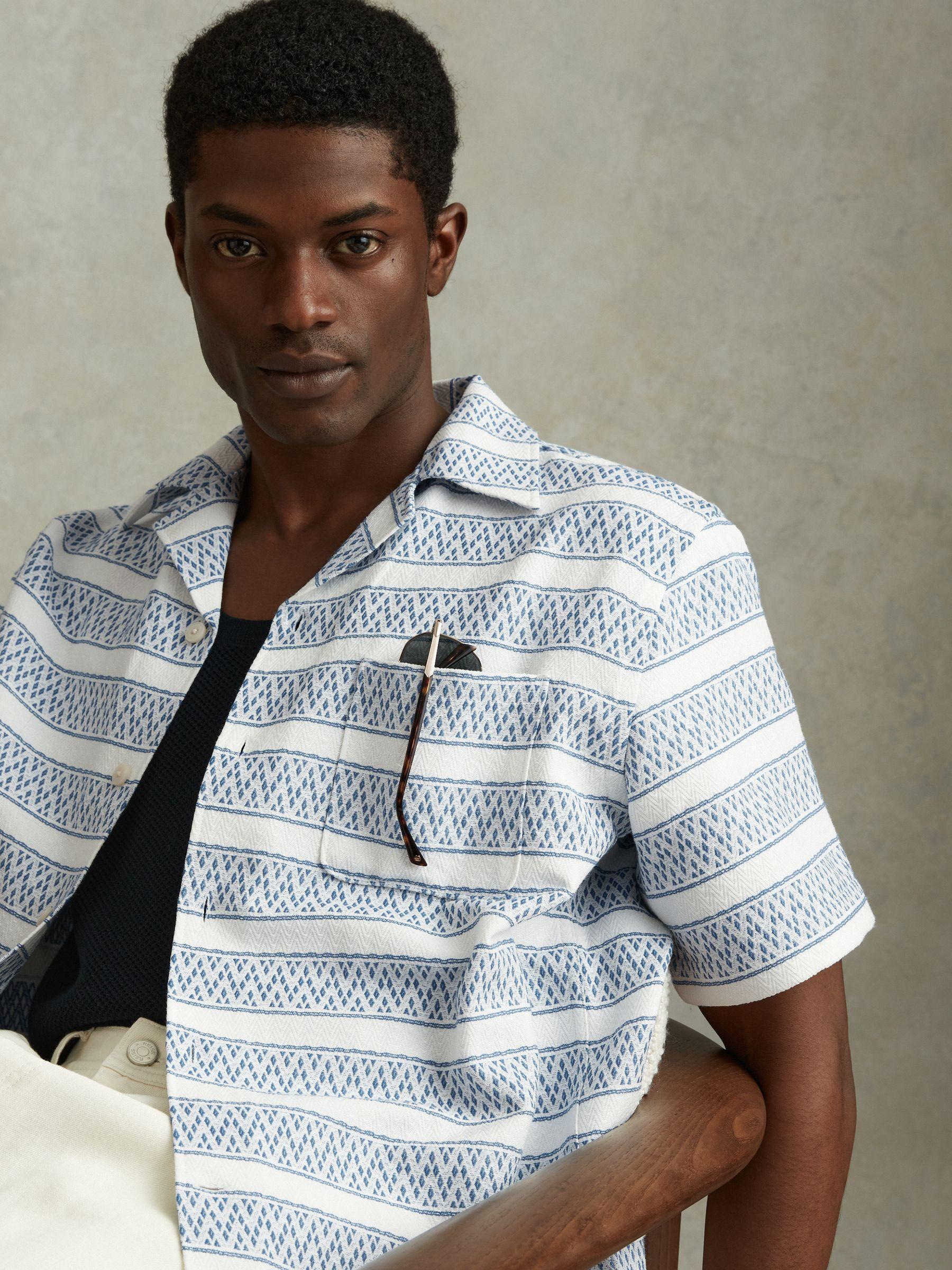 Herringbone Cuban Collar Shirt in White/Soft Blue Product Image