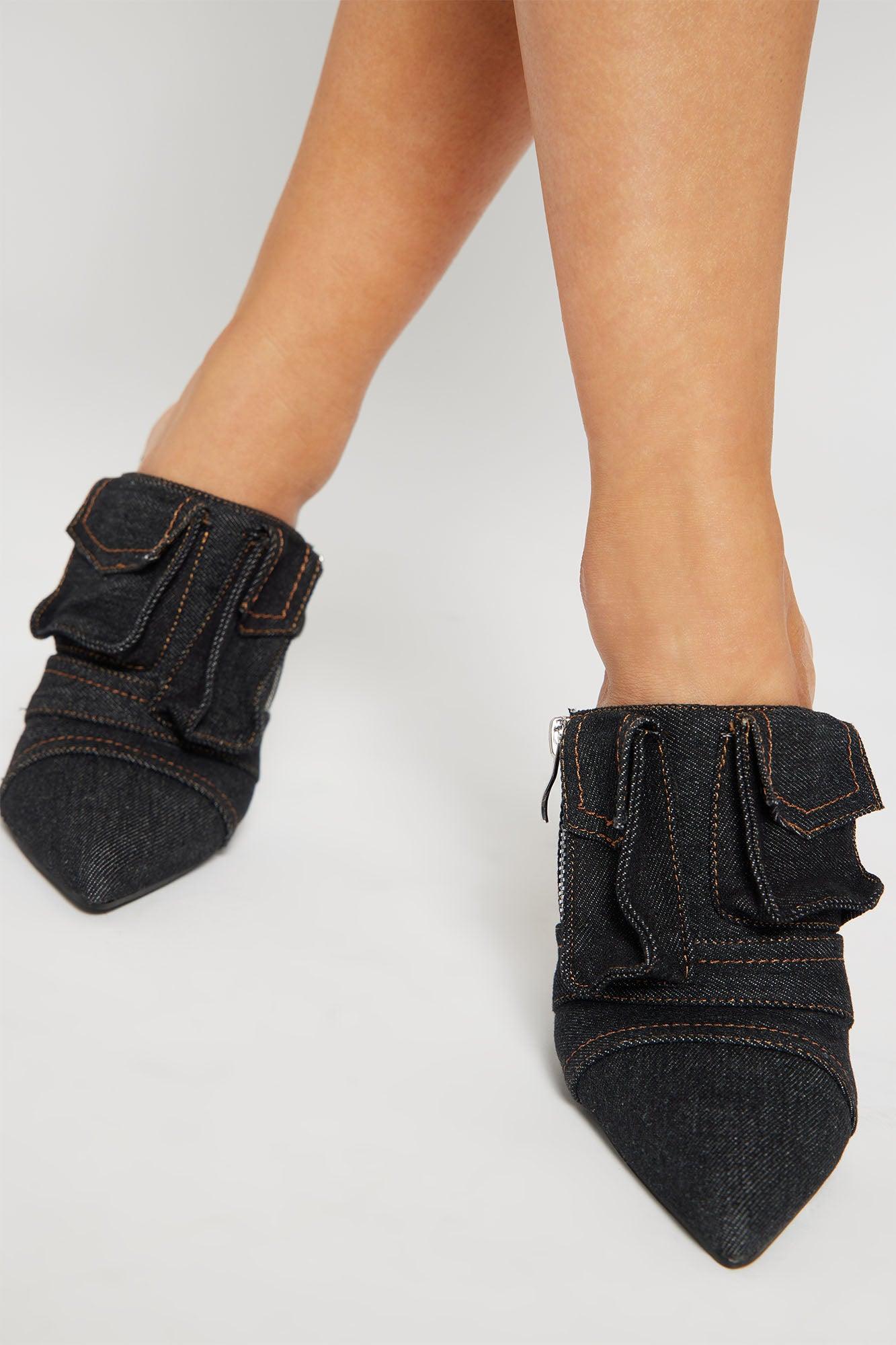 Pia Denim Mule Pumps - Black Product Image