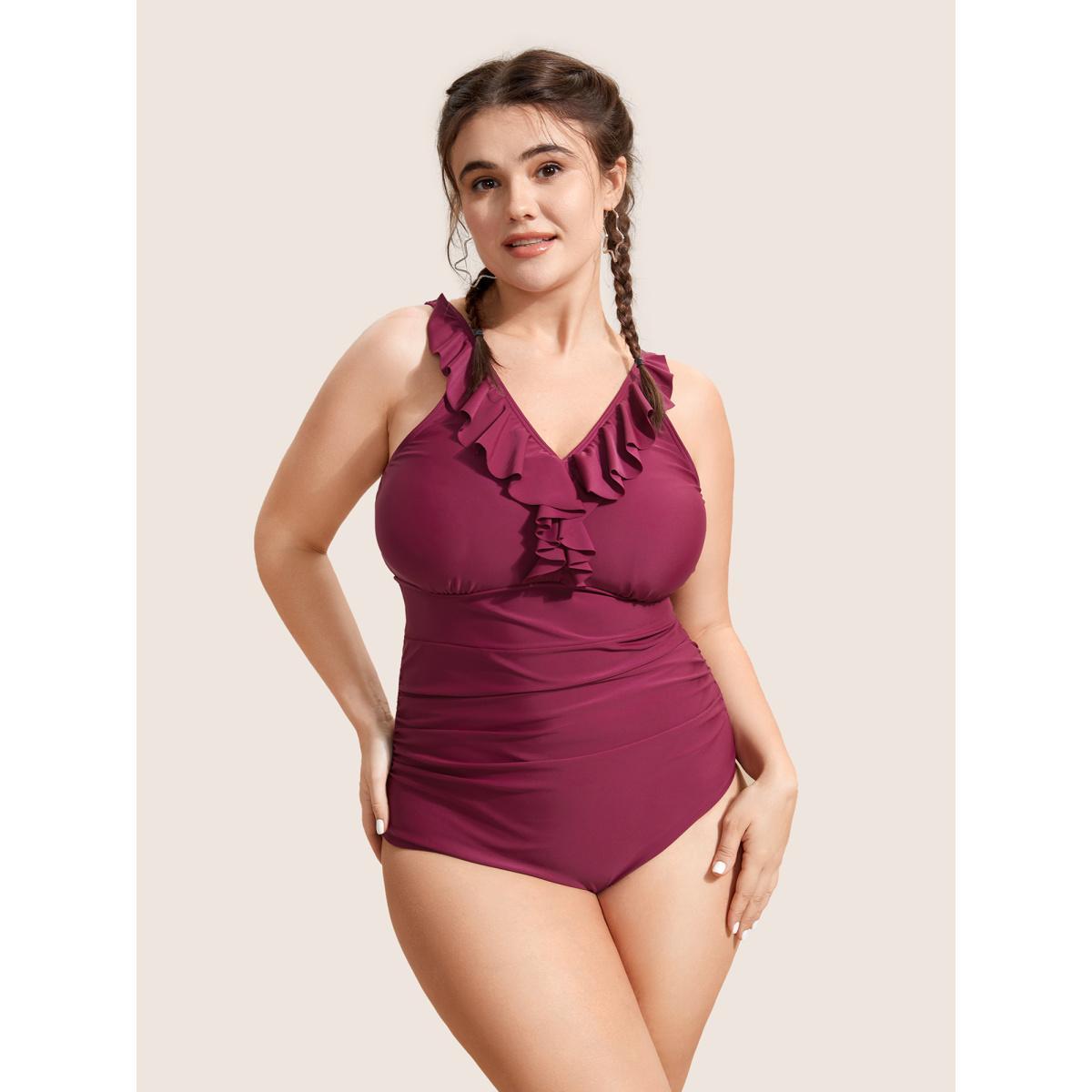 Plus Size Plain Ruffle Trim Gathered Sleeveless One Piece Swimsuit Women's Swimwear RedViolet Beach Gathered Curve Bathing Suits High stretch One Pieces BloomChic 12/L Product Image