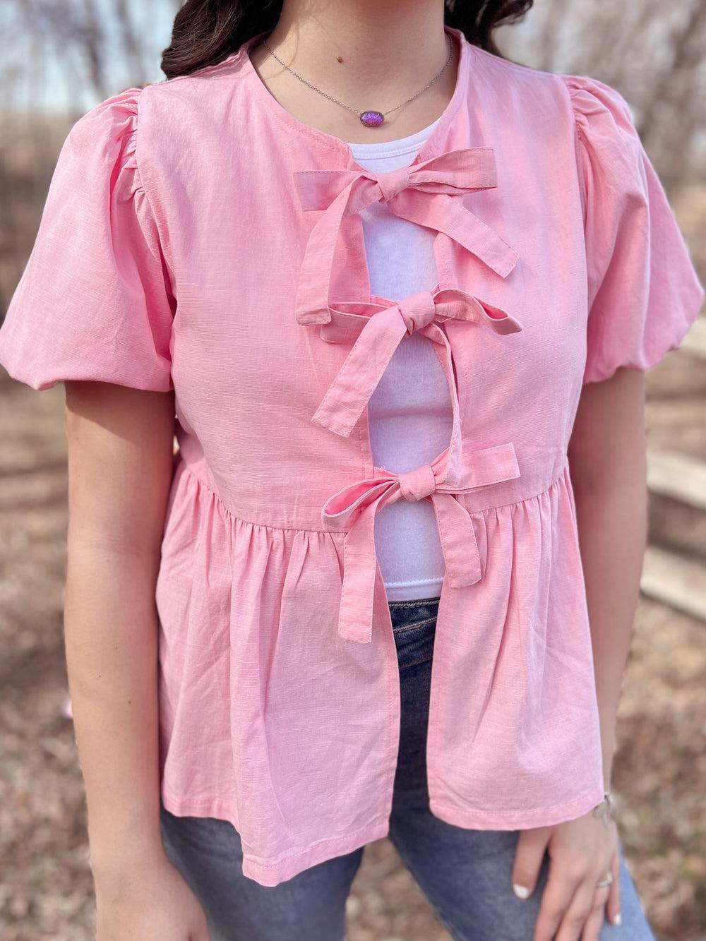 Short Sleeve Woven Front Bow Tie Top - 5 Colors Product Image