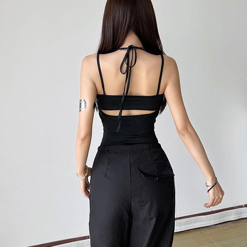 Set: Plain Cutout Bra Top + Halter V-Neck Plunge Open Back Bodysuit Top Product Image