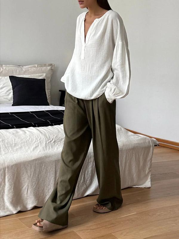 Loose Puff Sleeves Pleated Solid Color Split-Joint V-Neck Blouses&Shirts Tops Product Image