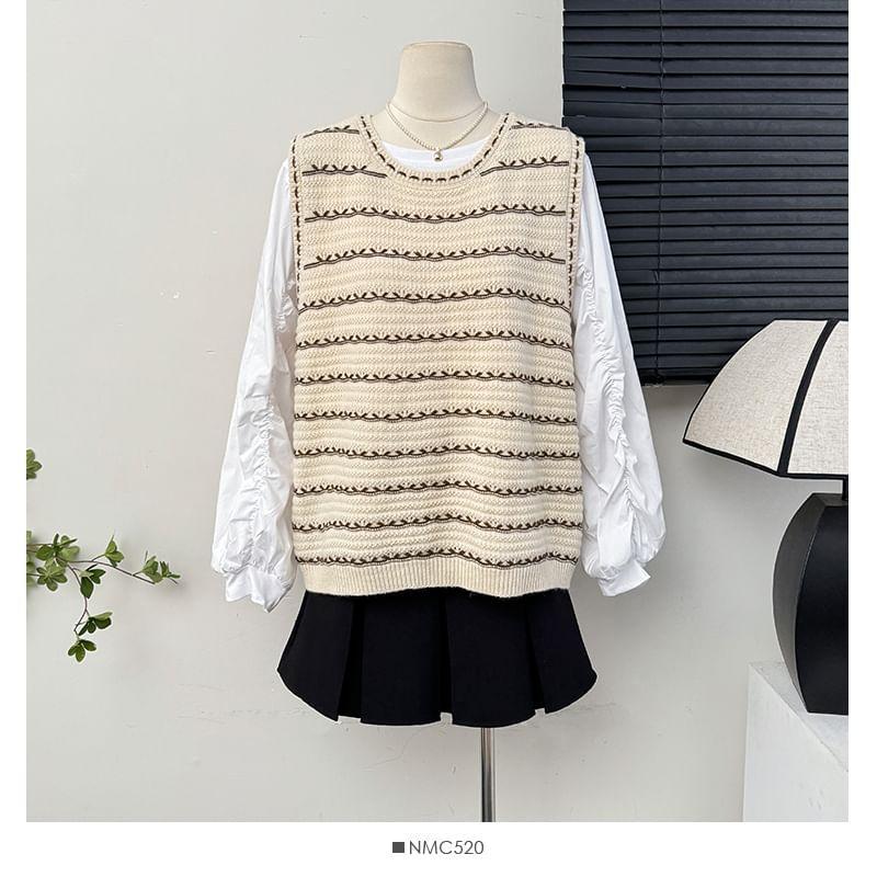 Set: Oversized Striped Knit Vest + Details Loose Blouse Product Image