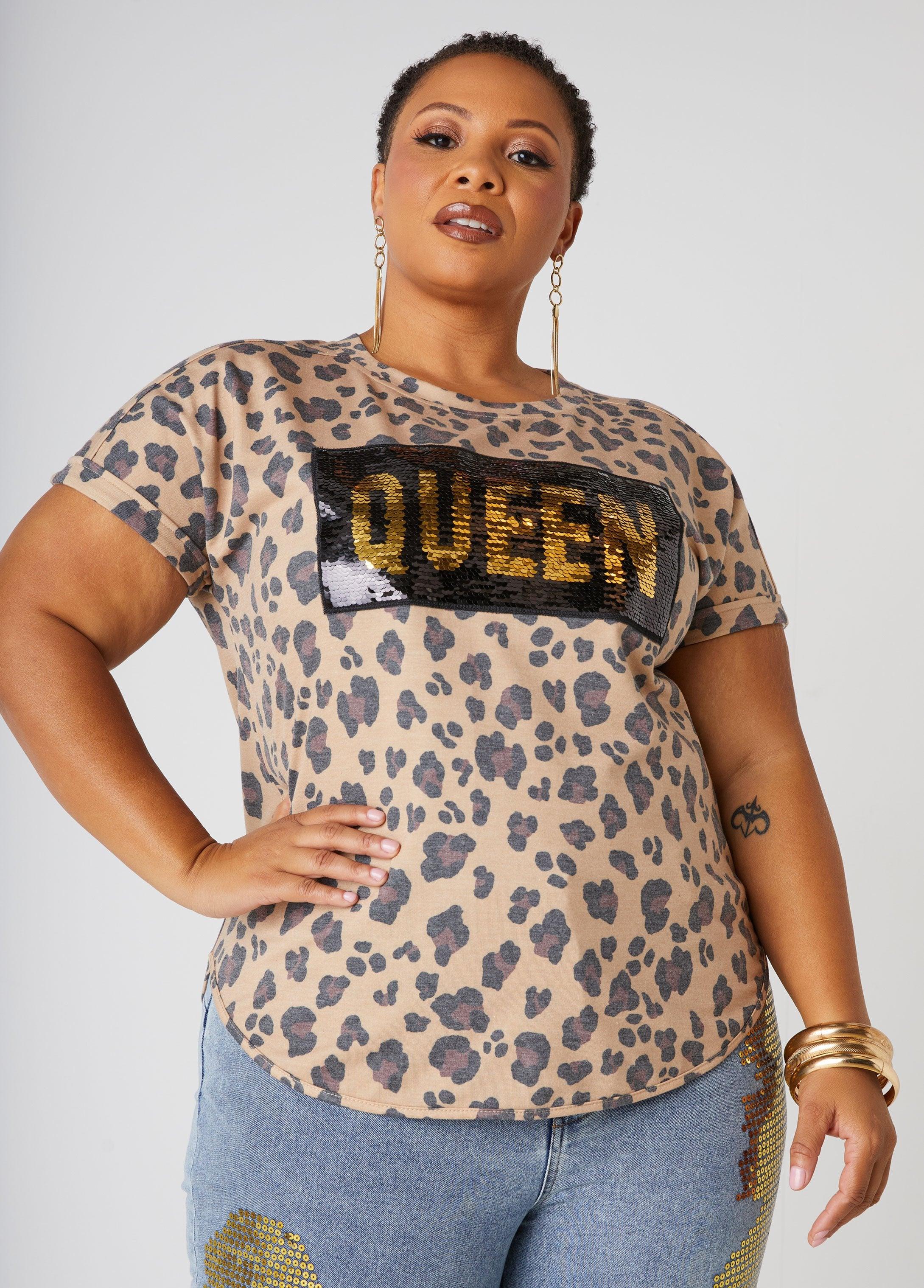 Plus Size Queen Sequined Leopard Print Tee Ashley Stewart Product Image