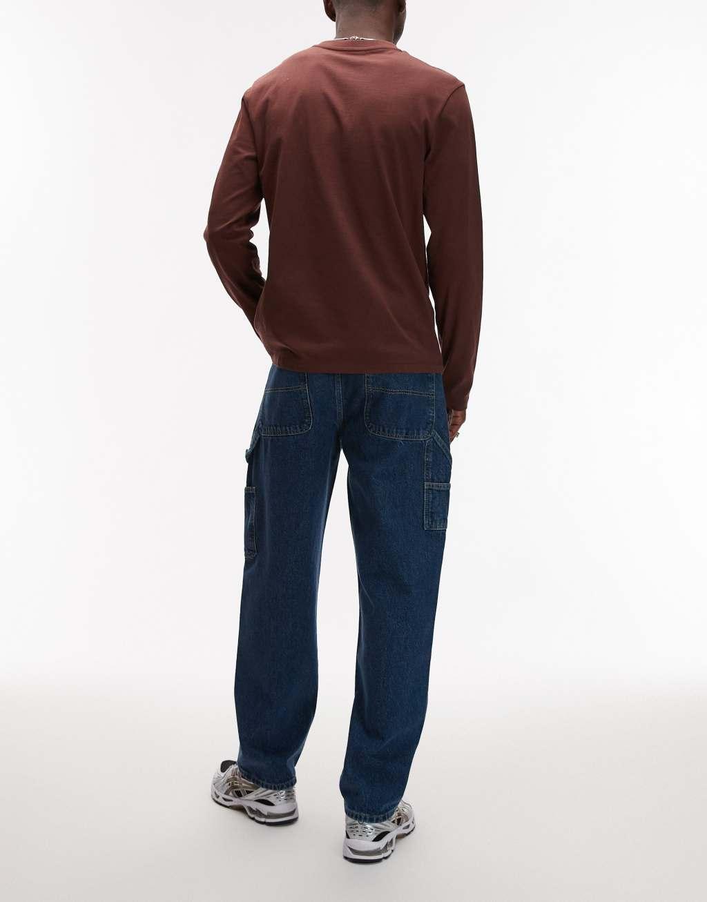 Topman straight carpenter jeans in mid wash blue Product Image