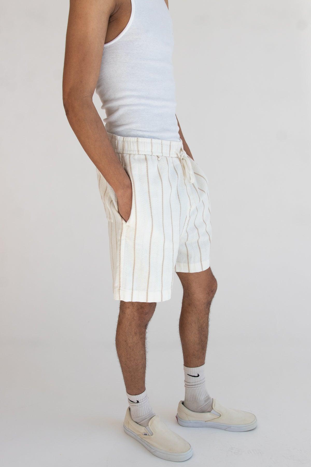 Khaki & White Striped Textured Shorts Product Image