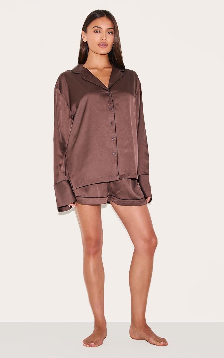 Chocolate Satin Piping Long Sleeve Short Pj Set Product Image