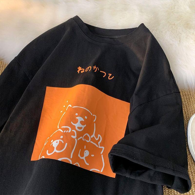 Short-Sleeve Crew Neck Cartoon Print T-Shirt Product Image