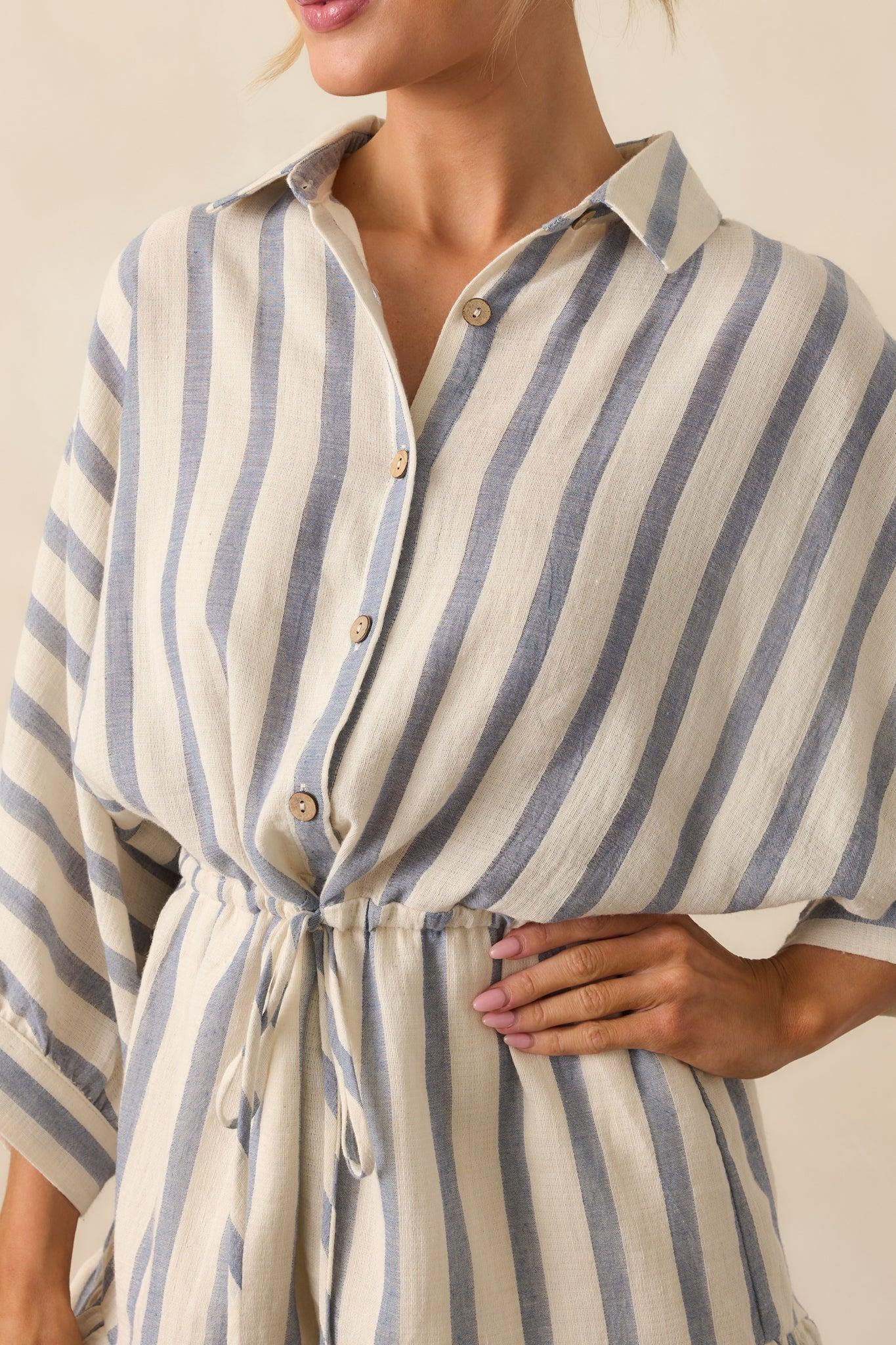 A Good Place To Start Blue Stripe Cotton Drawstring Romper Product Image