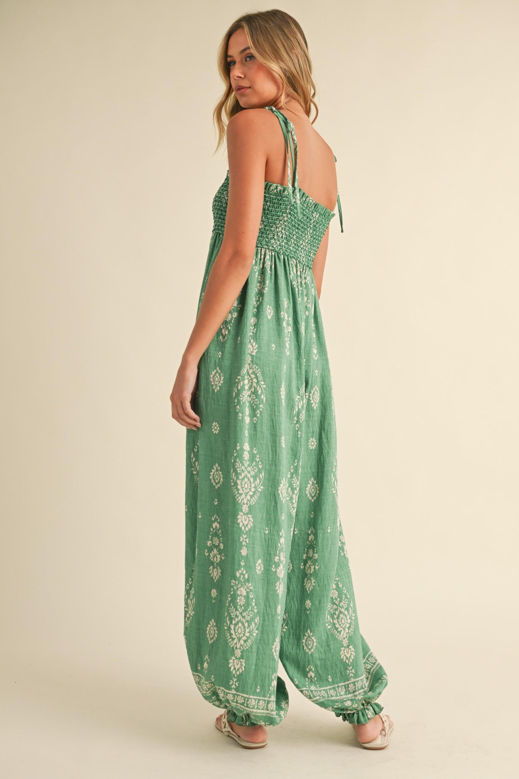 Smocked Strap Tie Wide Leg Boho Jumpsuit Product Image