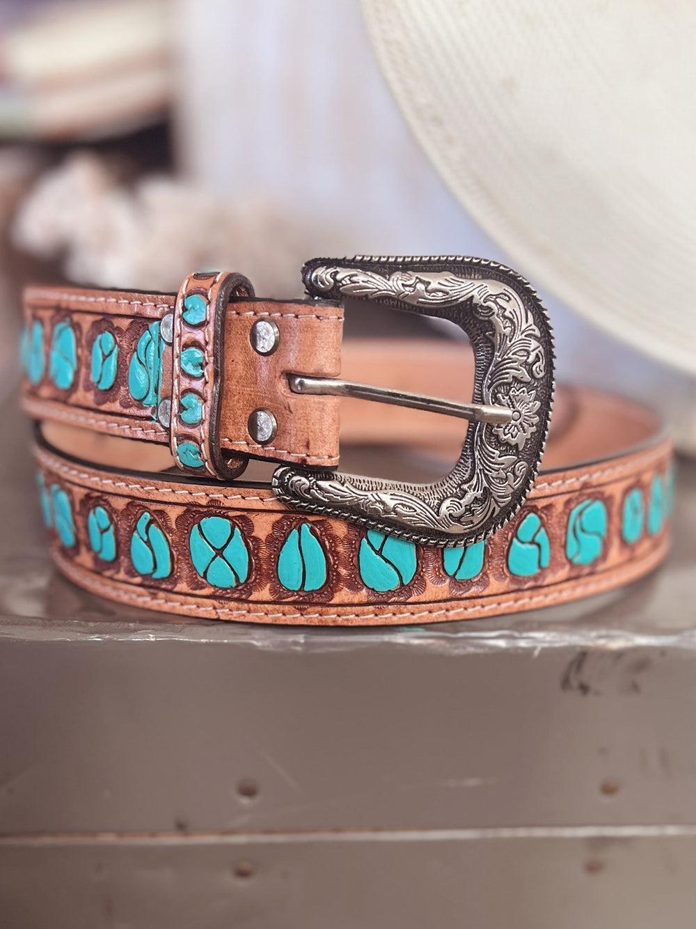 American Darling Hand Painted Turquoise Stones Leather Belt Product Image