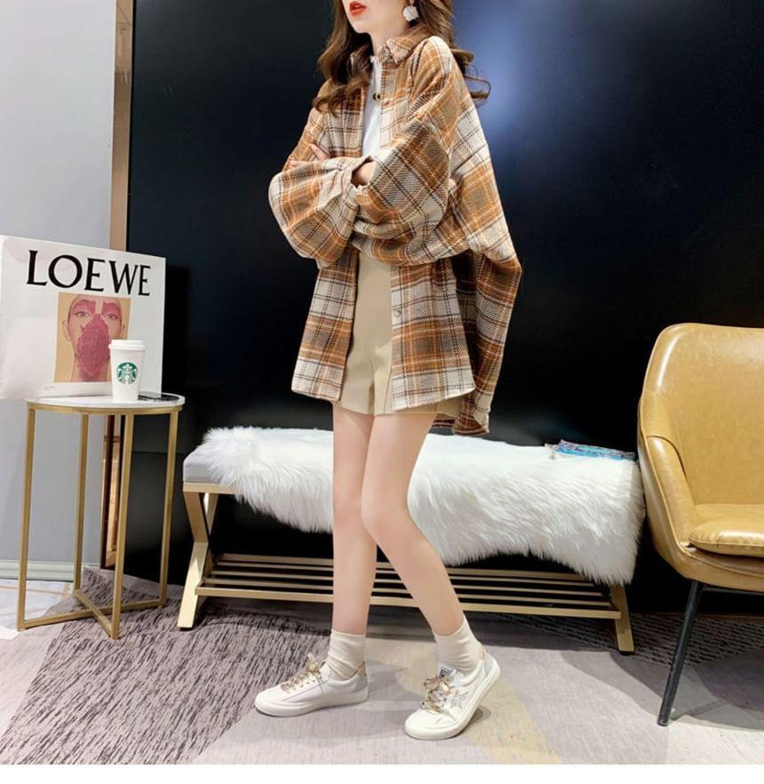 Plaid Button-Up Shirt Jacket Product Image