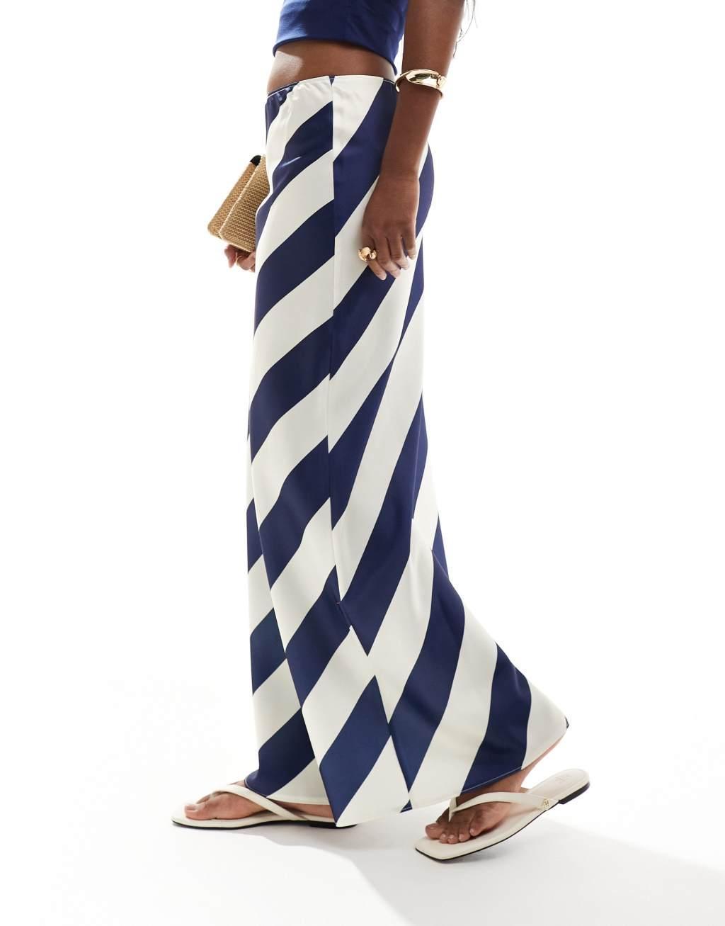 ASOS DESIGN satin bias cut maxi skirt in navy stripe Product Image