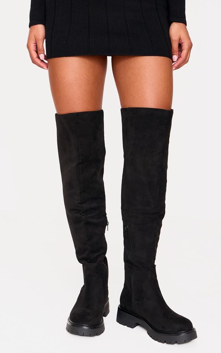 Wide Fit Black Faux Suede Round Toe Chunky Over The Knee Boots Product Image