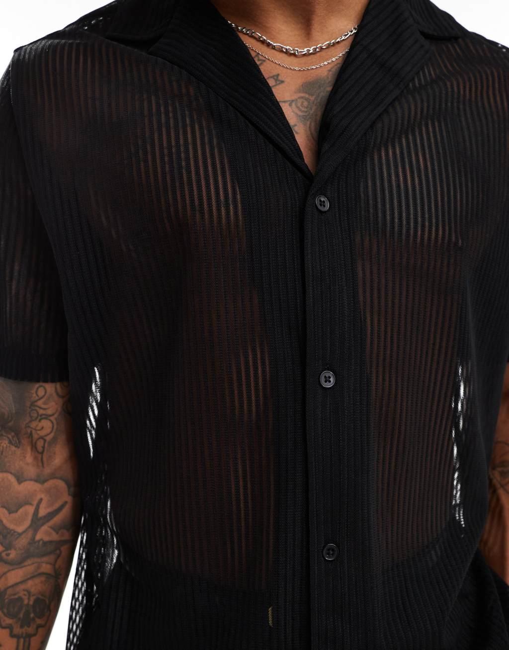 ASOS DESIGN relaxed shirt with deep revere in black lace Product Image