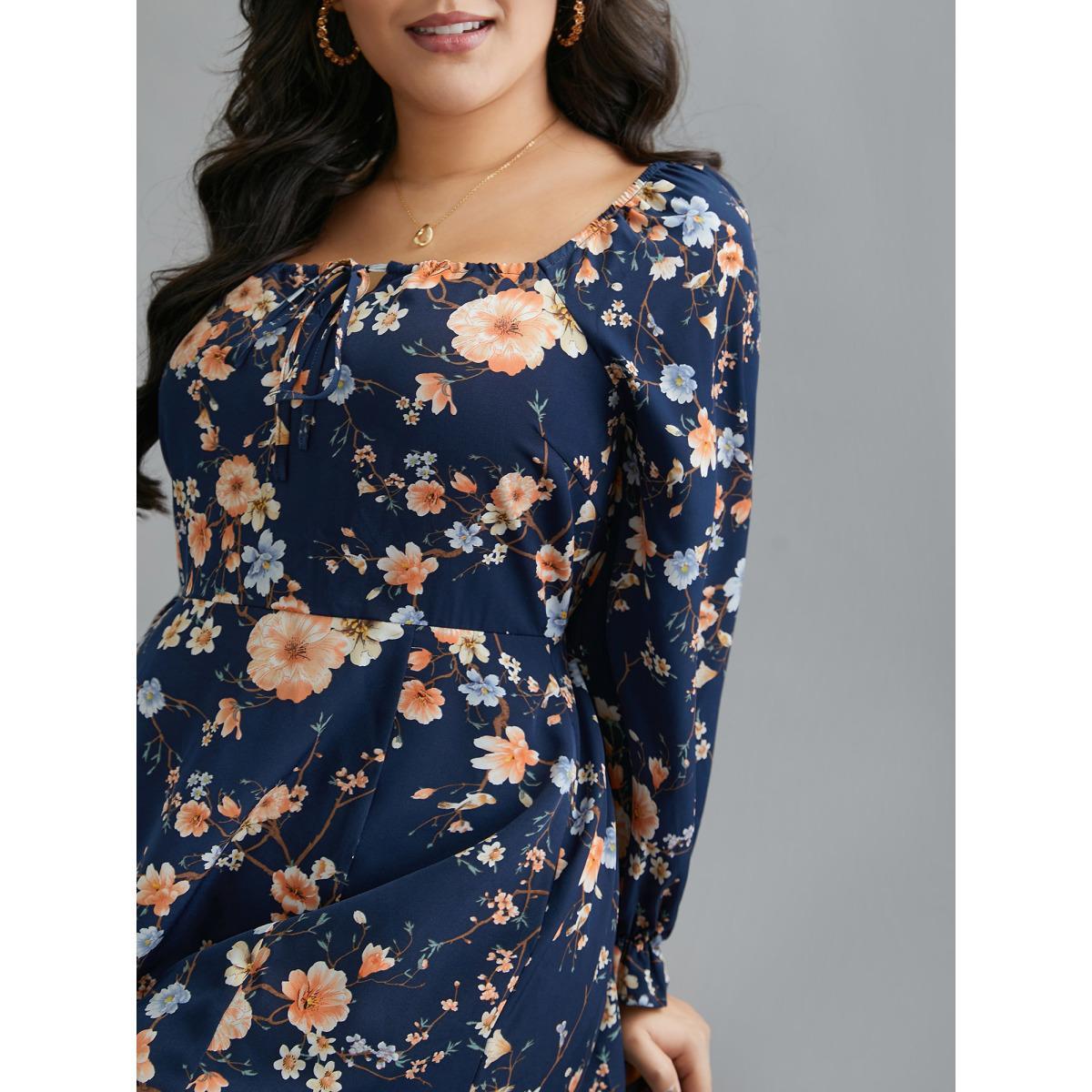 Plus Size Floral Knot Neck Split Hem Dress Indigo Women Elegant Tie knot Square Neck Long Sleeve Curvy BloomChic 30/6X Product Image