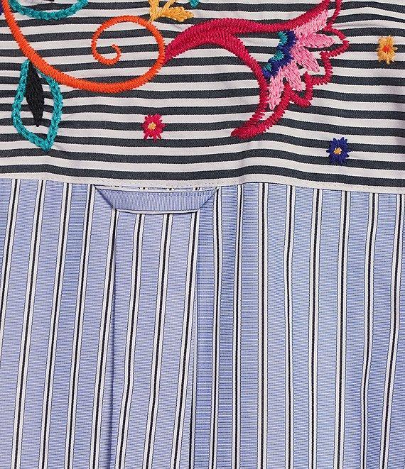 John Mark Embroidered Stripe Point Collar Long Roll-Tab Sleeve Button-Front Tunic Product Image