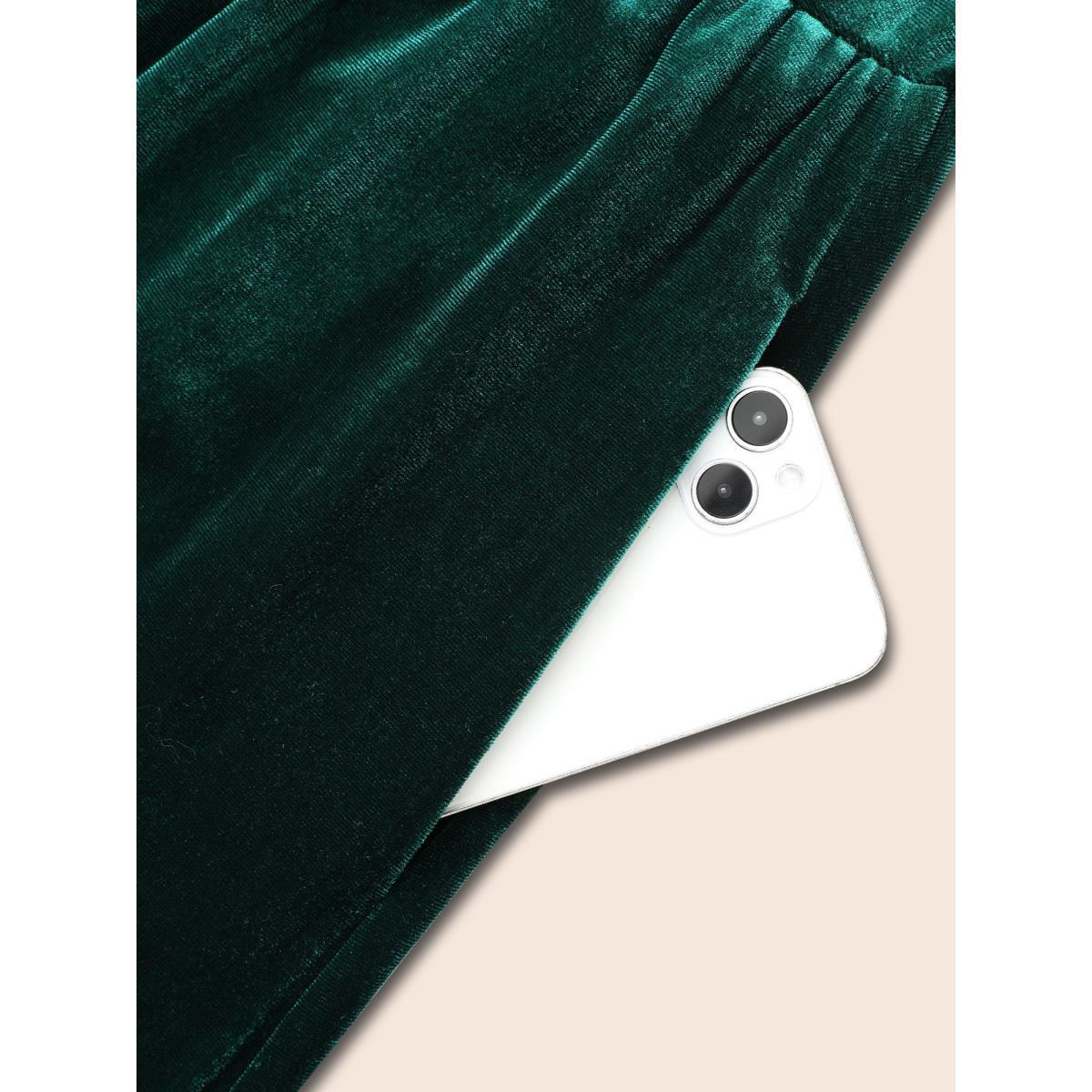 Plus Size Velvet Front Button Pleated Midi Dress DarkGreen Women Cocktail Texture V-neck Long Sleeve Curvy BloomChic 12/L Product Image